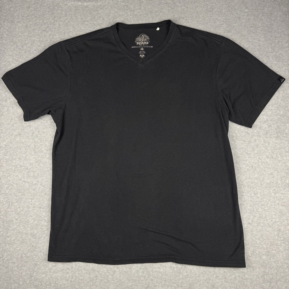 prAna Mens 2XL Black V-Neck Short Sleeve T-Shirt Organic Blend Comfort